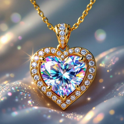 Heart shaped pendant, diamond with rainbow shades, in a golden necklace