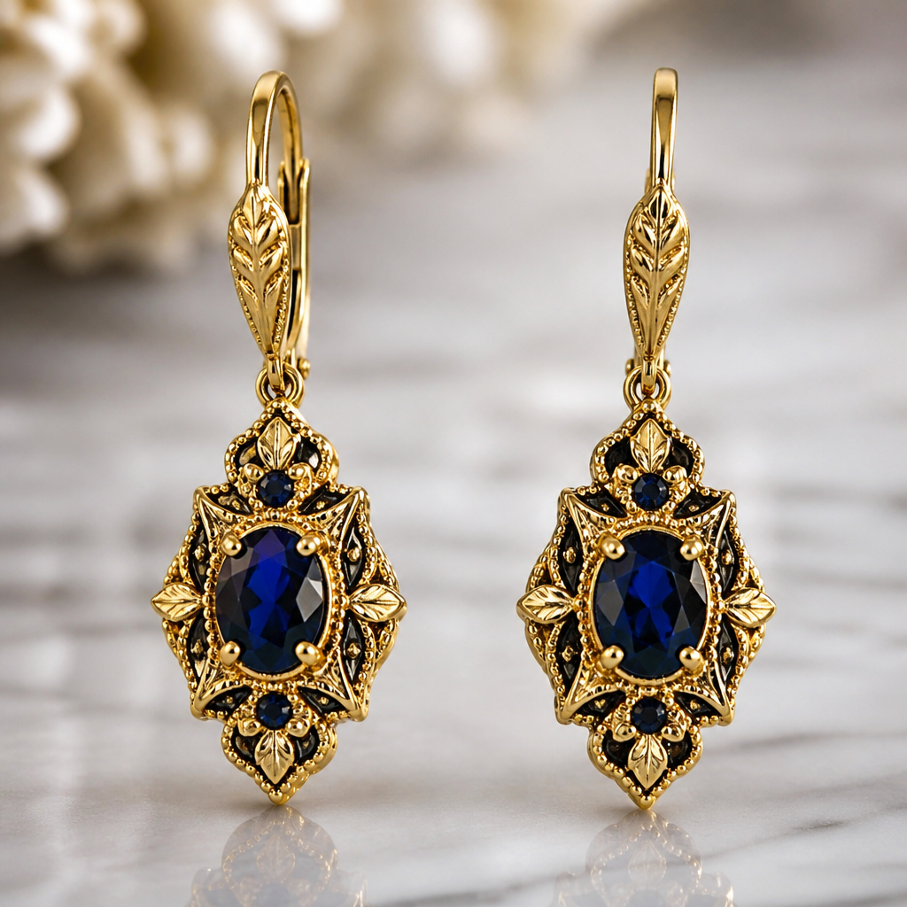 A vintage women's earrings made of gold with sapphire stones