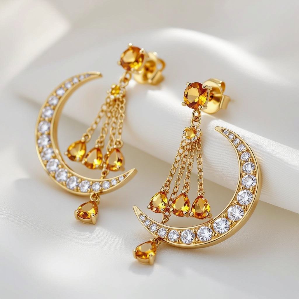 Золотые серьги полумесяц 3 см, сверху крепится к швензе. От полумесяца идет три цепочки золотого цвета, у каждой на конце камушек цитрит