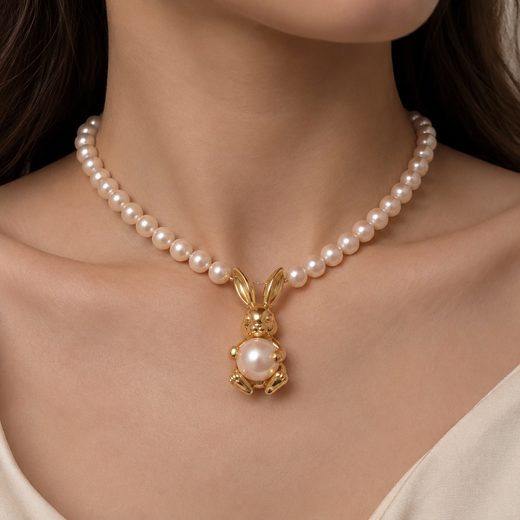 A women's necklace. a bunny of gold metal holding pearl between his hands like guardian and chain in made of real pearl..neck choker style ..
photorealistic jewelry design, A women's necklace. a bunny of gold metal holding pearl between his hands like guardian and chain in made of real pearl..neck choker style .., modern style, just the design no text