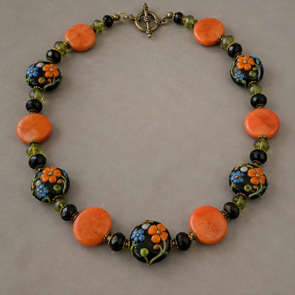 faceted green beads 6mm, black faceted beads 6mm, lamp work 15mm discs black with orange and blue flowers with green vines, and 17mm orange coral disc beads
photorealistic jewelry design, faceted green beads 6mm, black faceted beads 6mm, lamp work 15mm discs black with orange and blue flowers with green vines, and 17mm orange coral disc beads , vintage style, just the design no text