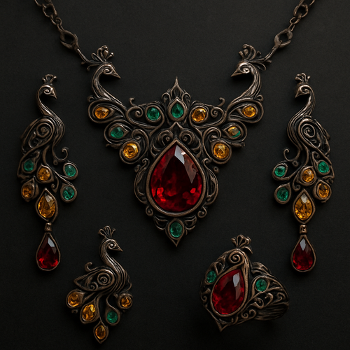 Ruby jewelry set with at least 10 citrine and green topaz inlays with peacock themes