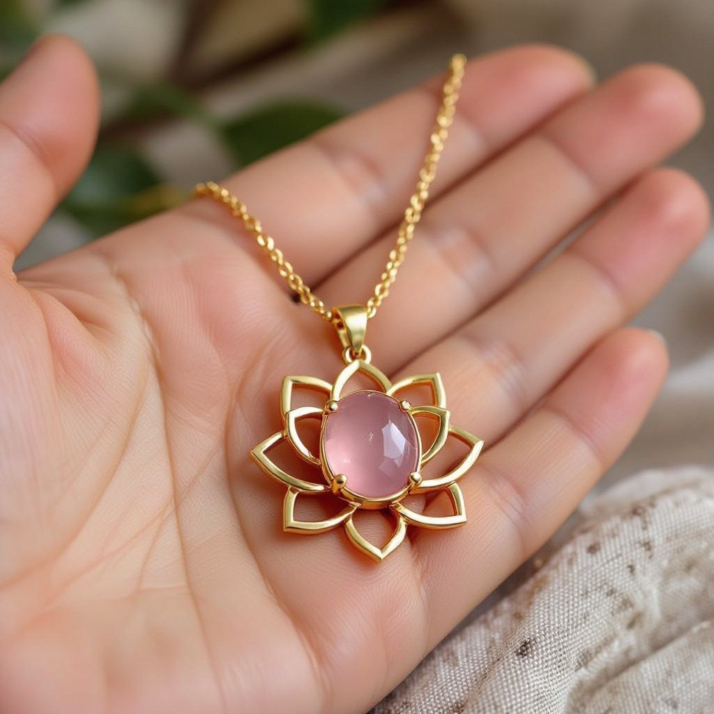 Золотая матовая цепочка. Подвеска матовая лотос шесть лепестков нижние лепестки крупнее верхних  не круглый . В сердце лотоса матовый розовый кварц овальный