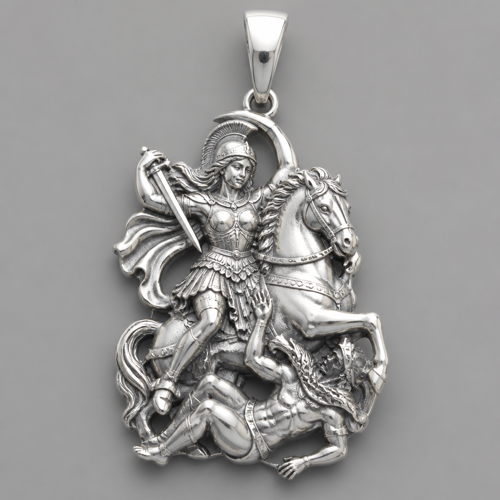 A modern women's pendant made of silver suitable for daily wear. An extraordinary excellent beautiful delicate and elegant pendant with Saint Demetrios with a beautiful delicate and elegant face, with long hair, with a beautiful delicate elegant and fit body, with a beautiful delicate and elegant armour, with a beautiful delicate and elegant helmet on his head over his horse striking with his sword an unfaithful.