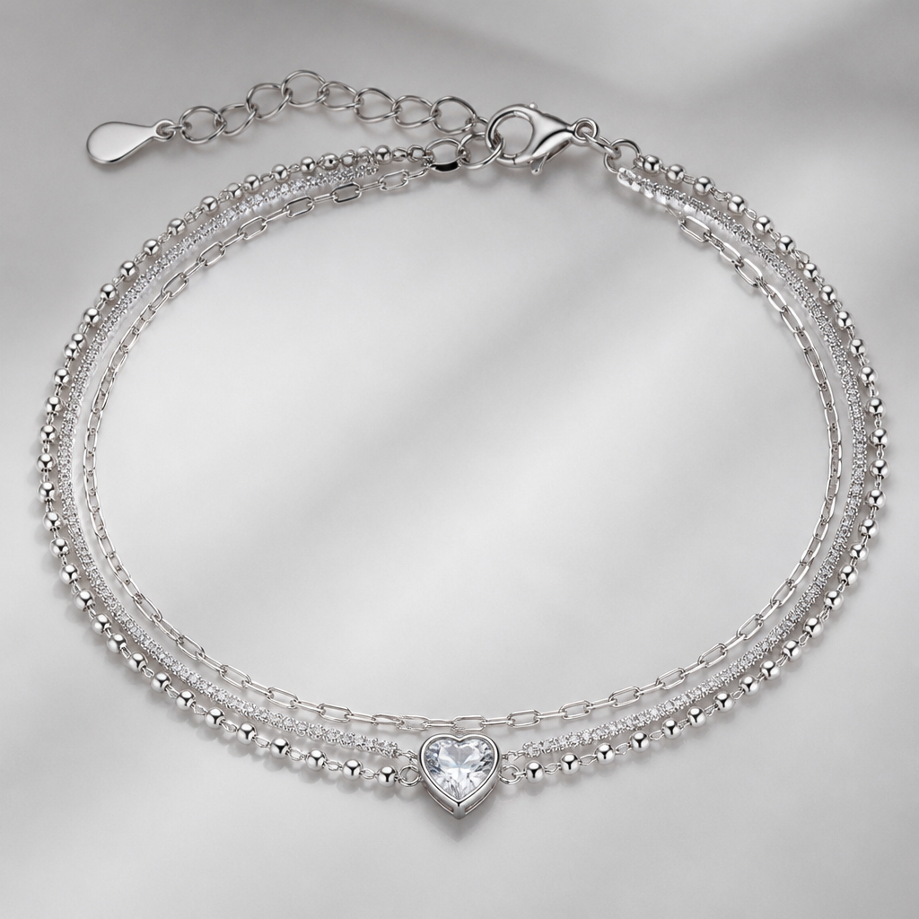 A women's bracelet. kalung rantai kalung rantai hati tiga deret permata
photorealistic jewelry design, A women's bracelet. kalung rantai kalung rantai hati tiga deret permata, modern style, just the design no text