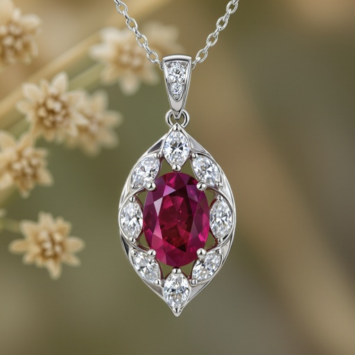 7x5mm oval pigeon blood ruby with 8 marquis cut diamonds each .08ct set in white gold pendant 