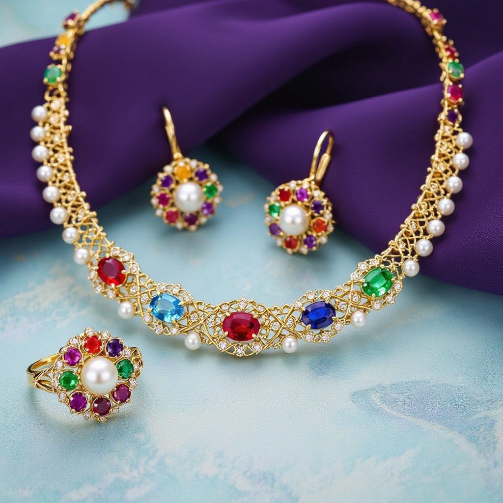 Necklace and ring and earring with luxury colorful jewel with gold