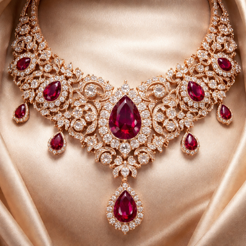 A luxury women's necklace made of rose gold with diamond and ruby stones suitable for wedding. a special necklace and that are only one piece in our world and more elegant and special
A luxury women's necklace made of rose gold with diamond and ruby stones suitable for wedding. a special necklace and that are only one piece in our world and more elegant and special, luxury style