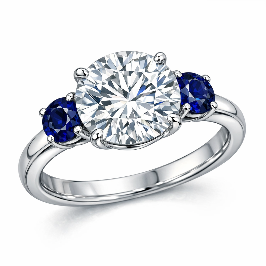 This expresses the beauty and rarity of a 60th wedding anniversary with a diamond symbol. It signifies a lifelong commitment, supporting each other until the end. The wish is for a single 8-carat main diamond, complemented by two smaller blue gemstones.