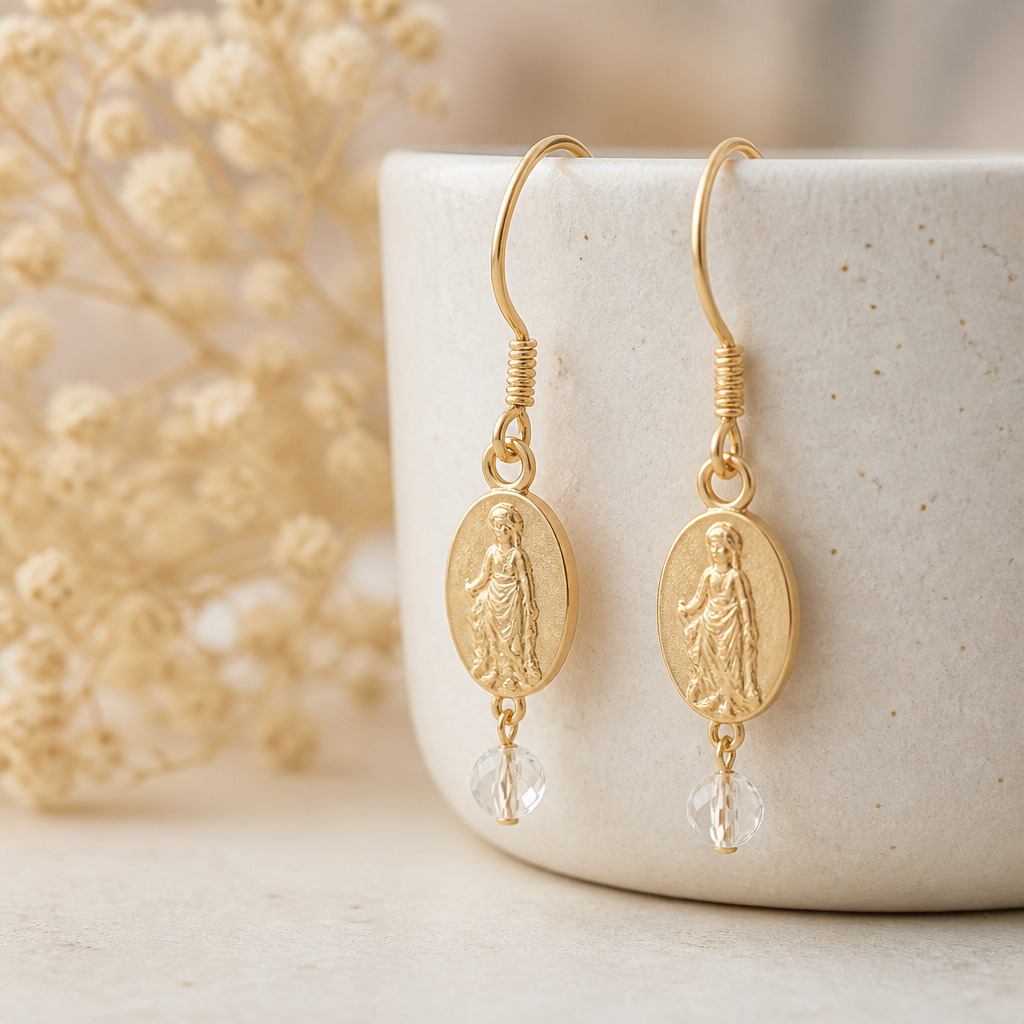 A mythological women's earrings suitable for daily wear, ultra-minimalist, very simple and clean, understated, no embellishments. beautiful bead, crystal bead and wire earrings
photorealistic jewelry design, A mythological women's earrings suitable for daily wear, ultra-minimalist, very simple and clean, understated, no embellishments. beautiful bead, crystal bead and wire earrings, mythological style, just the design no text