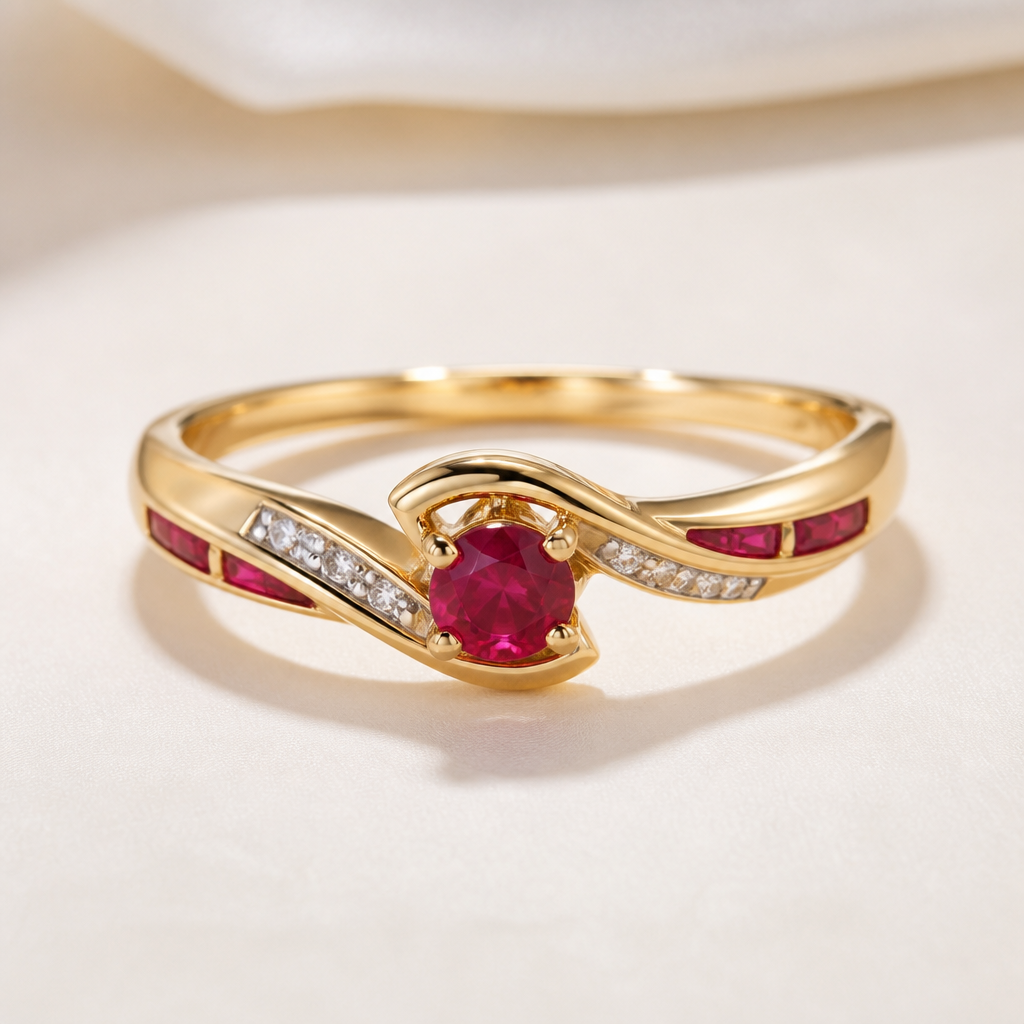 A modern women's ring made of gold with ruby stones suitable for wedding
photorealistic jewelry design, A modern women's ring made of gold with ruby stones suitable for wedding, modern style, just the design no text