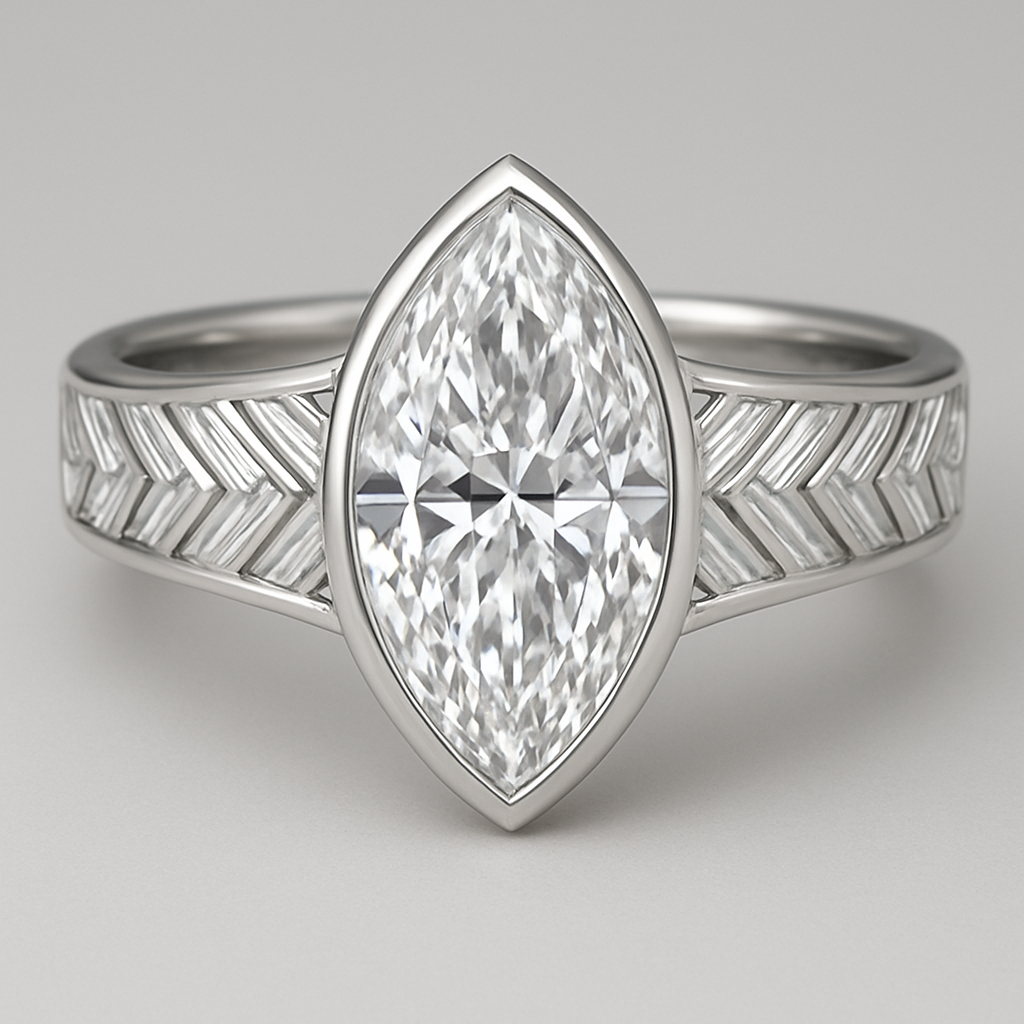 Bezel set 6 carat marquise diamond center stone with baguette diamonds in a herringbone pattern in the band