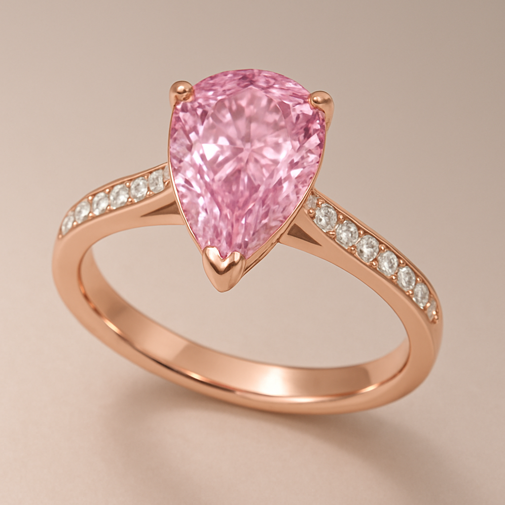 I want the ring with pink big diamond-pear cut.With little diamonds.Rose gold.