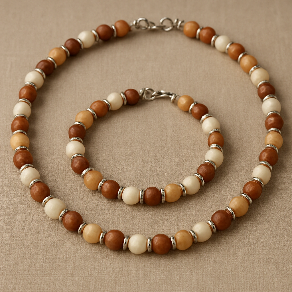 Create a bracelet and necklace set using brown, tan and while beads with spacers