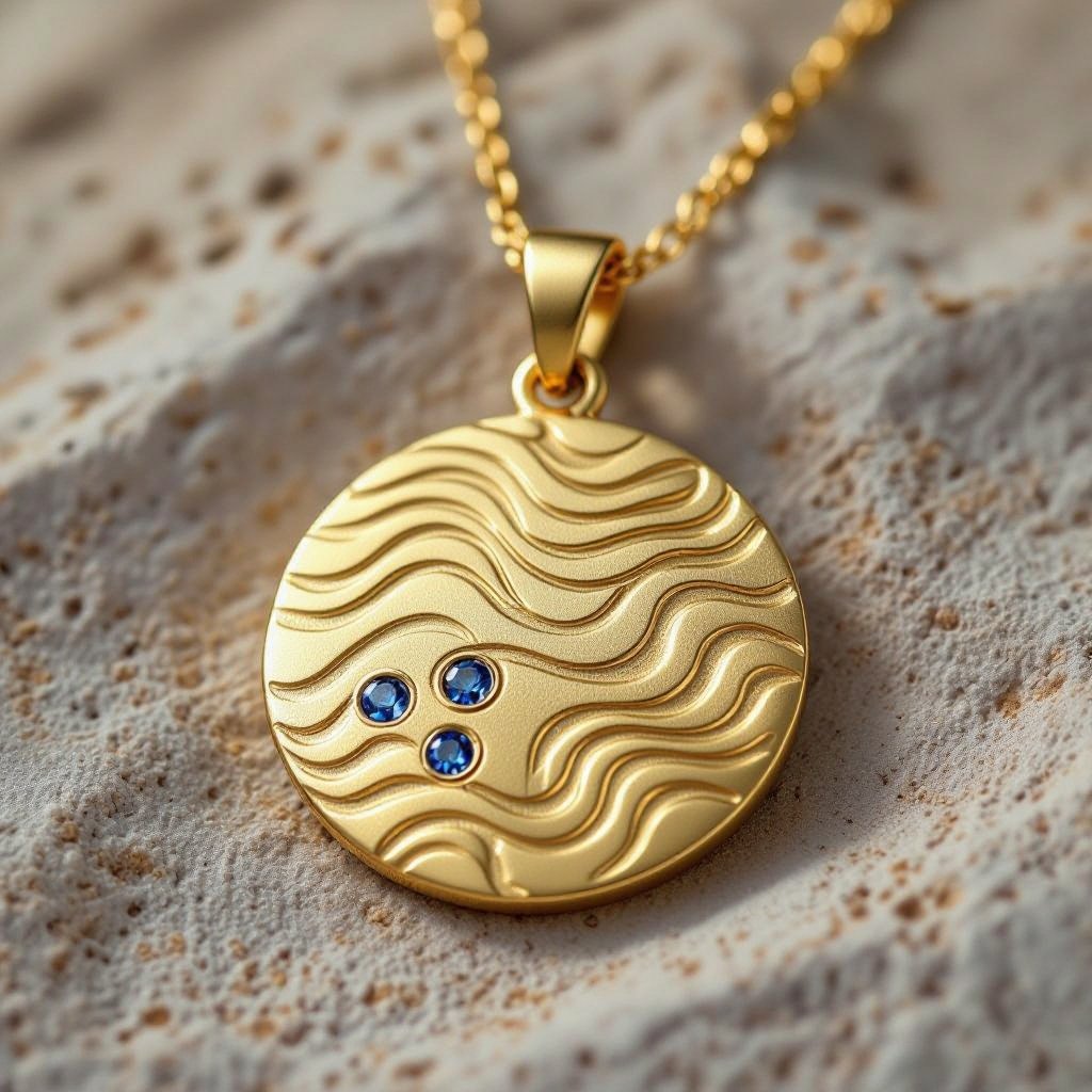 Золотой матовый медальон в форме неровного круга с неровными краями. По краям выпуклые точки сплошной линией. На круге разные волнистые узоры словно волны. Три миниатюрных голубых камушка хаотично расположены в круге