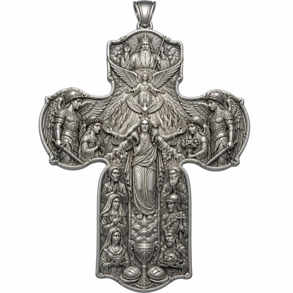 A sculptural women's pendant made of silver suitable for festival. An extraordinary excellent beautiful delicate and elegant, super modern Cross, without stones, without background only the Cross, with Jesus Christ as the Good Shepherd with a beautiful delicate and elegant face, with long hair, with a beautiful delicate elegant and fit body, with His hands wide open to receive all of us, with a beautiful delicate elegant and beautifully ornated tunic, with a beautiful delicate and elegant sheep on His shoulders, with a beautiful delicate and elegant flock of beautiful delicate and elegant sheep backward of Him. Over Jesus Christ and the flock to be placed the Holy Spirit as an Angel with a beautiful delicate and elegant face, with long hair, with big wings flying, with a beautiful delicate elegant and fit body, with a beautiful delicate elegant and beautifully ornated tunic under the Angel to be placed a beautiful delicate and elegant dove flying both of them the Angel and the dove to be surrounded by tongues of fire radiating light to Jesus Christ and the flock. Over the Holy Spirit to be placed God the Father with a beautiful delicate and elegant face, with long hair, with a beautiful delicate elegant and fit body, with a beautiful delicate and elegant tunic, with a beautiful delicate and elegant sceptre at His left hand blessing the world with His right hand, with a beautiful delicate elegant and beautifully ornated crown on His head. At the bottom of the Cross to be placed the Holy Communion with a beautiful delicate elegant and beautifully ornated chalice and two breads around the chalice. At the lower right side of the Cross to be stacked one by one Saint John the Baptist with a beautiful delicate elegant and beautifully ornated platter with his head on it. Over Saint John the Baptist to be placed Saint Constantine with a beautiful delicate and elegant face, with long hair, with a beautiful delicate and elegant crown on his head, with a beautiful delicate elegant and fit body, with a beautiful delicate and elegant armour holding a beautiful delicate elegant and beautifully ornated Cross. Over Saint Constantine to be placed Saint George with a beautiful delicate and elegant face, with long hair, with a beautiful delicate elegant and beautifully ornated helmet with a beautiful delicate elegant and fit body, with a beautiful delicate elegant and beautifully ornated armour, holding a beautiful delicate and elegant sword with his right hand at low position and near the floor giving respect to the Holy Trinity and Praying. Over Saint George to be placed Saint Peter the Apostle Praying. At the left lower side of the Cross to be placed stacked Saint Paraskevi with a beautiful delicate and elegant face, with long hair, with a beautiful delicate elegant and beautifully curved body, with a beautiful delicate elegant and beautifully ornated tunic holding a bowl with two eyes in it. Over Saint Paraskevi to be placed Saint Irene with a beautiful delicate and elegant face, with long hair, with a beautiful delicate elegant and beautifully ornated wreath on her head, with a beautiful delicate elegant and beautifully curved body, with a beautiful delicate elegant and beautifully ornated tunic Praying. Over Saint Irene to be placed Virgo Maria with a beautiful delicate and elegant face, with beautifully ornated long hair, with a beautiful delicate elegant and beautifully curved body, with a beautiful delicate elegant and beautifully ornated tunic Praying. Over Virgo Maria to be placed Saint Paul the Apostle Praying. At the right side of the Cross to be placed Saint Michael the Archangel with a beautiful delicate and elegant face, with long hair, with a beautiful delicate elegant and beautifully ornated helmet, with a beautiful delicate elegant and fit body, with big wings flying, with a beautiful delicate elegant and beautifully ornated armour, holding His beautiful delicate elegant and beautifully ornated sword low to the ground giving respect to the Holy Trinity and Praying. In front of Saint Michael the Archangel to be placed Saint Gabriel the Archangel with a beautiful delicate and elegant face, with long hair, with a beautiful delicate elegant and beautifully ornated helmet on His head, with a beautiful delicate elegant and fit body, with big wings flying, with a beautiful delicate elegant and beautifully ornated armour, holding a beautiful delicate elegant and beautifully ornated bucket of lilyes and Praying. At the left side of the Cross to be placed Saint Rafael the Archangel with a beautiful delicate and elegant face, with long hair, with a beautiful delicate elegant and beautifully ornated helmet, with a beautiful delicate elegant and fit body, with big wings flying, with a beautiful delicate elegant and beautifully ornated armour, holding a beautiful delicate elegant and beautifully ornated sword with his right hand low giving respect to the Holy Trinity and Praying. In front of Saint Rafael the Archangel to be placed the Guardian Angel with a beautiful delicate and elegant face, with long hair, with a beautiful delicate elegant and beautifully ornated with flowers wreath on His head, with a beautiful delicate elegant and fit body, with a beautiful delicate elegant and beautifully ornated tunic Praying. Make all the Angels, the Saints, God the Father, the Holy Spirit and Jesus Christ and the flock as statues.
photorealistic jewelry design, A sculptural women's pendant made of silver suitable for festival. An extraordinary excellent beautiful delicate and elegant, super modern Cross, without stones, without background only the Cross, with Jesus Christ as the Good Shepherd with a beautiful delicate and elegant face, with long hair, with a beautiful delicate elegant and fit body, with His hands wide open to receive all of us, with a beautiful delicate elegant and beautifully ornated tunic, with a beautiful delicate and elegant sheep on His shoulders, with a beautiful delicate and elegant flock of beautiful delicate and elegant sheep backward of Him. Over Jesus Christ and the flock to be placed the Holy Spirit as an Angel with a beautiful delicate and elegant face, with long hair, with big wings flying, with a beautiful delicate elegant and fit body, with a beautiful delicate elegant and beautifully ornated tunic under the Angel to be placed a beautiful delicate and elegant dove flying both of them the Angel and the dove to be surrounded by tongues of fire radiating light to Jesus Christ and the flock. Over the Holy Spirit to be placed God the Father with a beautiful delicate and elegant face, with long hair, with a beautiful delicate elegant and fit body, with a beautiful delicate and elegant tunic, with a beautiful delicate and elegant sceptre at His left hand blessing the world with His right hand, with a beautiful delicate elegant and beautifully ornated crown on His head. At the bottom of the Cross to be placed the Holy Communion with a beautiful delicate elegant and beautifully ornated chalice and two breads around the chalice. At the lower right side of the Cross to be stacked one by one Saint John the Baptist with a beautiful delicate elegant and beautifully ornated platter with his head on it. Over Saint John the Baptist to be placed Saint Constantine with a beautiful delicate and elegant face, with long hair, with a beautiful delicate and elegant crown on his head, with a beautiful delicate elegant and fit body, with a beautiful delicate and elegant armour holding a beautiful delicate elegant and beautifully ornated Cross. Over Saint Constantine to be placed Saint George with a beautiful delicate and elegant face, with long hair, with a beautiful delicate elegant and beautifully ornated helmet with a beautiful delicate elegant and fit body, with a beautiful delicate elegant and beautifully ornated armour, holding a beautiful delicate and elegant sword with his right hand at low position and near the floor giving respect to the Holy Trinity and Praying. Over Saint George to be placed Saint Peter the Apostle Praying. At the left lower side of the Cross to be placed stacked Saint Paraskevi with a beautiful delicate and elegant face, with long hair, with a beautiful delicate elegant and beautifully curved body, with a beautiful delicate elegant and beautifully ornated tunic holding a bowl with two eyes in it. Over Saint Paraskevi to be placed Saint Irene with a beautiful delicate and elegant face, with long hair, with a beautiful delicate elegant and beautifully ornated wreath on her head, with a beautiful delicate elegant and beautifully curved body, with a beautiful delicate elegant and beautifully ornated tunic Praying. Over Saint Irene to be placed Virgo Maria with a beautiful delicate and elegant face, with beautifully ornated long hair, with a beautiful delicate elegant and beautifully curved body, with a beautiful delicate elegant and beautifully ornated tunic Praying. Over Virgo Maria to be placed Saint Paul the Apostle Praying. At the right side of the Cross to be placed Saint Michael the Archangel with a beautiful delicate and elegant face, with long hair, with a beautiful delicate elegant and beautifully ornated helmet, with a beautiful delicate elegant and fit body, with big wings flying, with a beautiful delicate elegant and beautifully ornated armour, holding His beautiful delicate elegant and beautifully ornated sword low to the ground giving respect to the Holy Trinity and Praying. In front of Saint Michael the Archangel to be placed Saint Gabriel the Archangel with a beautiful delicate and elegant face, with long hair, with a beautiful delicate elegant and beautifully ornated helmet on His head, with a beautiful delicate elegant and fit body, with big wings flying, with a beautiful delicate elegant and beautifully ornated armour, holding a beautiful delicate elegant and beautifully ornated bucket of lilyes and Praying. At the left side of the Cross to be placed Saint Rafael the Archangel with a beautiful delicate and elegant face, with long hair, with a beautiful delicate elegant and beautifully ornated helmet, with a beautiful delicate elegant and fit body, with big wings flying, with a beautiful delicate elegant and beautifully ornated armour, holding a beautiful delicate elegant and beautifully ornated sword with his right hand low giving respect to the Holy Trinity and Praying. In front of Saint Rafael the Archangel to be placed the Guardian Angel with a beautiful delicate and elegant face, with long hair, with a beautiful delicate elegant and beautifully ornated with flowers wreath on His head, with a beautiful delicate elegant and fit body, with a beautiful delicate elegant and beautifully ornated tunic Praying. Make all the Angels, the Saints, God the Father, the Holy Spirit and Jesus Christ and the flock as statues., sculptural style, just the design no text