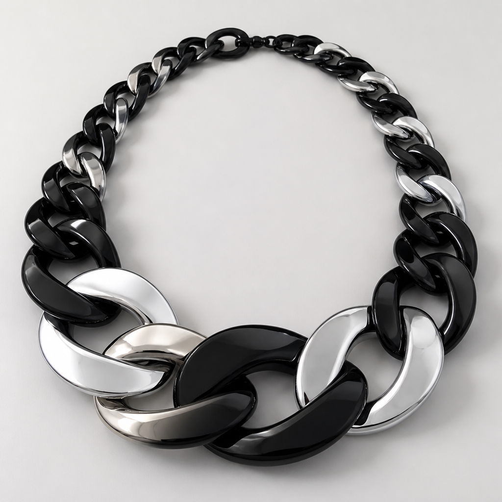 A women's necklace. create a chunky Cuban links style plastic necklace that is graduated and exaggerated in the first three links.colors: alternating black and silver
photorealistic jewelry design, A women's necklace. create a chunky Cuban links style plastic necklace that is graduated and exaggerated in the first three links.colors: alternating black and silver, modern style, just the design no text