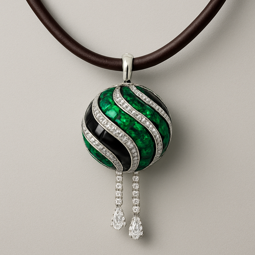 a 3d necklace on leather strap with diamond tassels in the end of the leather strap ball that has a swirl of slices  emerald black and diamonds white gold setting