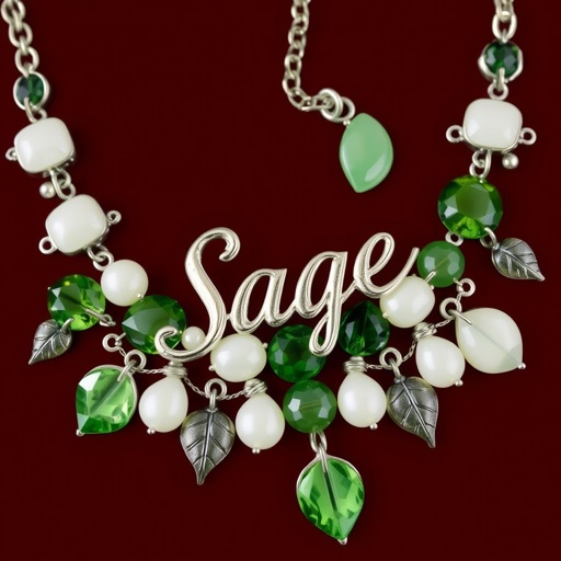 Green and white necklace that says The Sage School