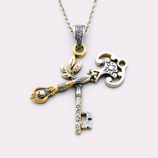 Old skeleton key shape gold and silver tones with olive branch turning on leg and keffieh print on the tip