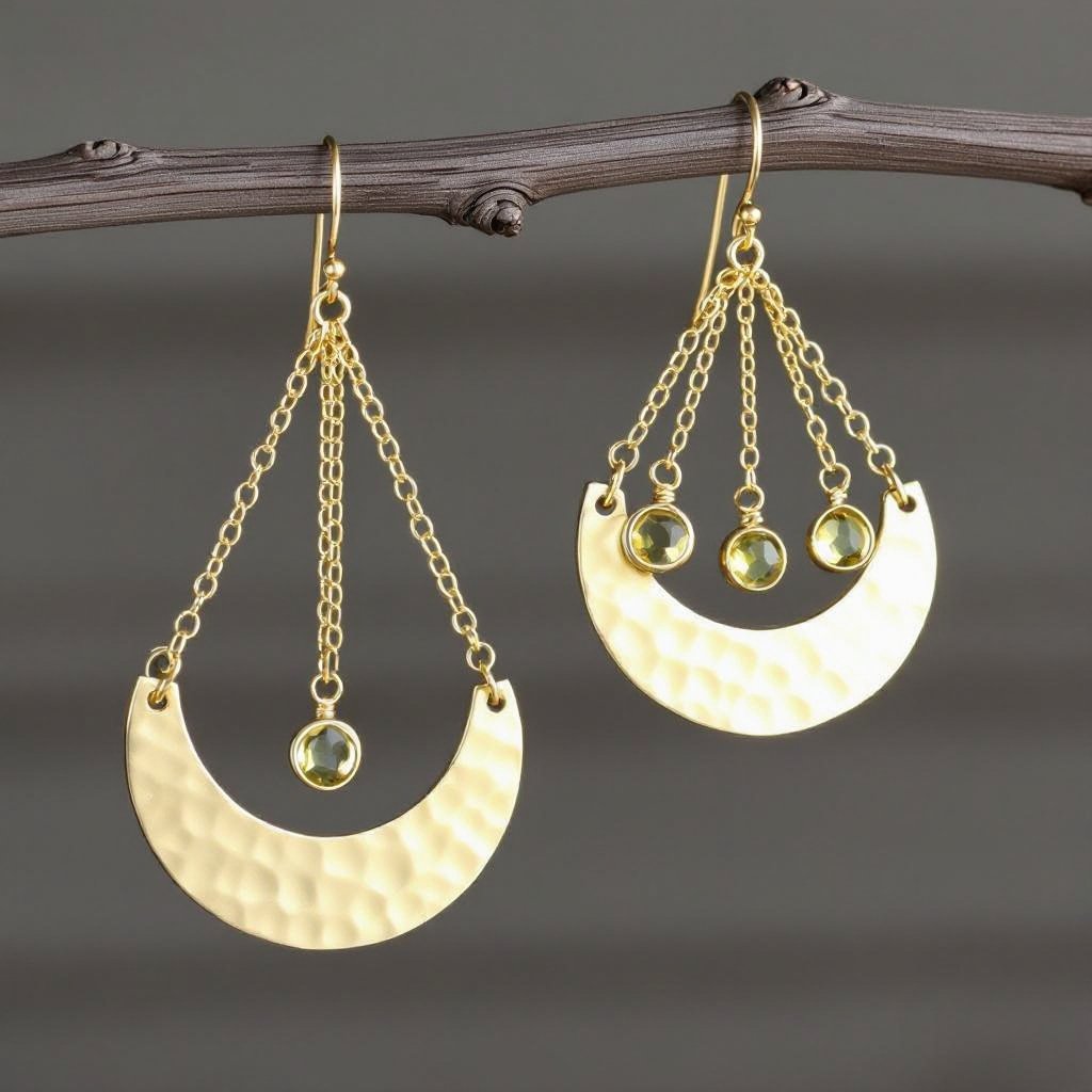 Золотые серьги словно мятое золото в форме узкого изящного полумесяца. Верхушка полумесяца крепится к застежке серьги.  От полумесяца идет три цепочки, у каждой на конце мелкий камушек цитрин