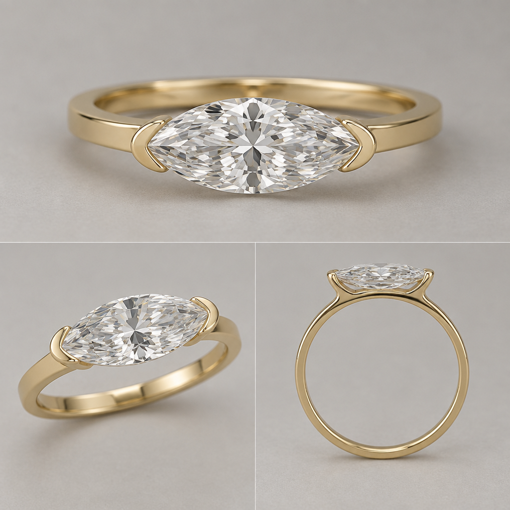 A women's ring. High-end minimalist yellow-gold solitaire using ONE 1.90 ct lab-grown marquise diamond, E, VS2, 12.81 × 6.39 × 4.11 mm. Preserve the exact long, narrow marquise proportions. EAST–WEST/HORIZONTAL orientation across the finger — never vertical. Mount on a thin 2 mm flat yellow-gold band. Use a low-profile floating/open setting: the diamond appears to hover just above the band, supported by delicate gold rails or minimal half-bezel contacts that physically connect to the band and are realistic for a jeweler to fabricate. Keep metal minimal so the diamond dominates. No halo, pavé, accent stones, bulky basket, oversized prongs, decorative shoulders, notches, or puzzle mechanisms. Contemporary architectural fine jewelry, not traditional bridal. Show top, three-quarter, and side views. Exactly ONE marquise; do not substitute, rotate, or alter the stone.
photorealistic jewelry design, A women's ring. High-end minimalist yellow-gold solitaire using ONE 1.90 ct lab-grown marquise diamond, E, VS2, 12.81 × 6.39 × 4.11 mm. Preserve the exact long, narrow marquise proportions. EAST–WEST/HORIZONTAL orientation across the finger — never vertical. Mount on a thin 2 mm flat yellow-gold band. Use a low-profile floating/open setting: the diamond appears to hover just above the band, supported by delicate gold rails or minimal half-bezel contacts that physically connect to the band and are realistic for a jeweler to fabricate. Keep metal minimal so the diamond dominates. No halo, pavé, accent stones, bulky basket, oversized prongs, decorative shoulders, notches, or puzzle mechanisms. Contemporary architectural fine jewelry, not traditional bridal. Show top, three-quarter, and side views. Exactly ONE marquise; do not substitute, rotate, or alter the stone., modern style, just the design no text
