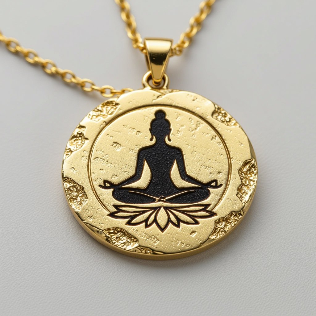 Золотой кулон в виде неровного круга в круге выгравирован силуэт женщины с длинными волосами в позе лотоса лица не видго