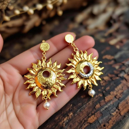 Золотые серьги словно мятое золото в форме горящего солнца с волнистыми лучами, в центре солнца круглая дыра. крепится к застежке серьги. К нижней части солнца крепятся подвески: миниатюрная серебристая луна, очень маленький жемчуг и маленький золотой кружочек с мятым эффектом плоский