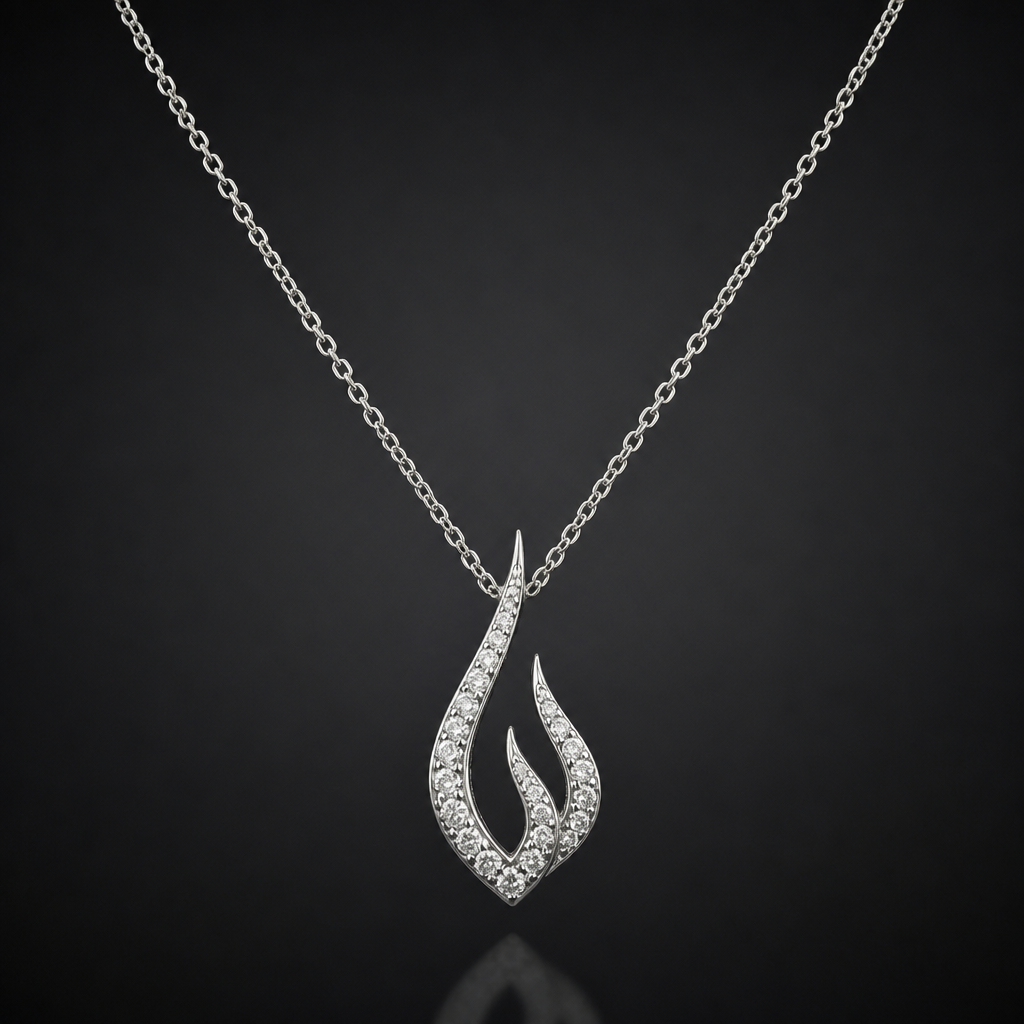 A women's necklace made of silver with diamond stones. flamme style minimaliste, qui ressmble à un feu
photorealistic jewelry design, A women's necklace made of silver with diamond stones. flamme style minimaliste, qui ressmble à un feu, modern style, just the design no text