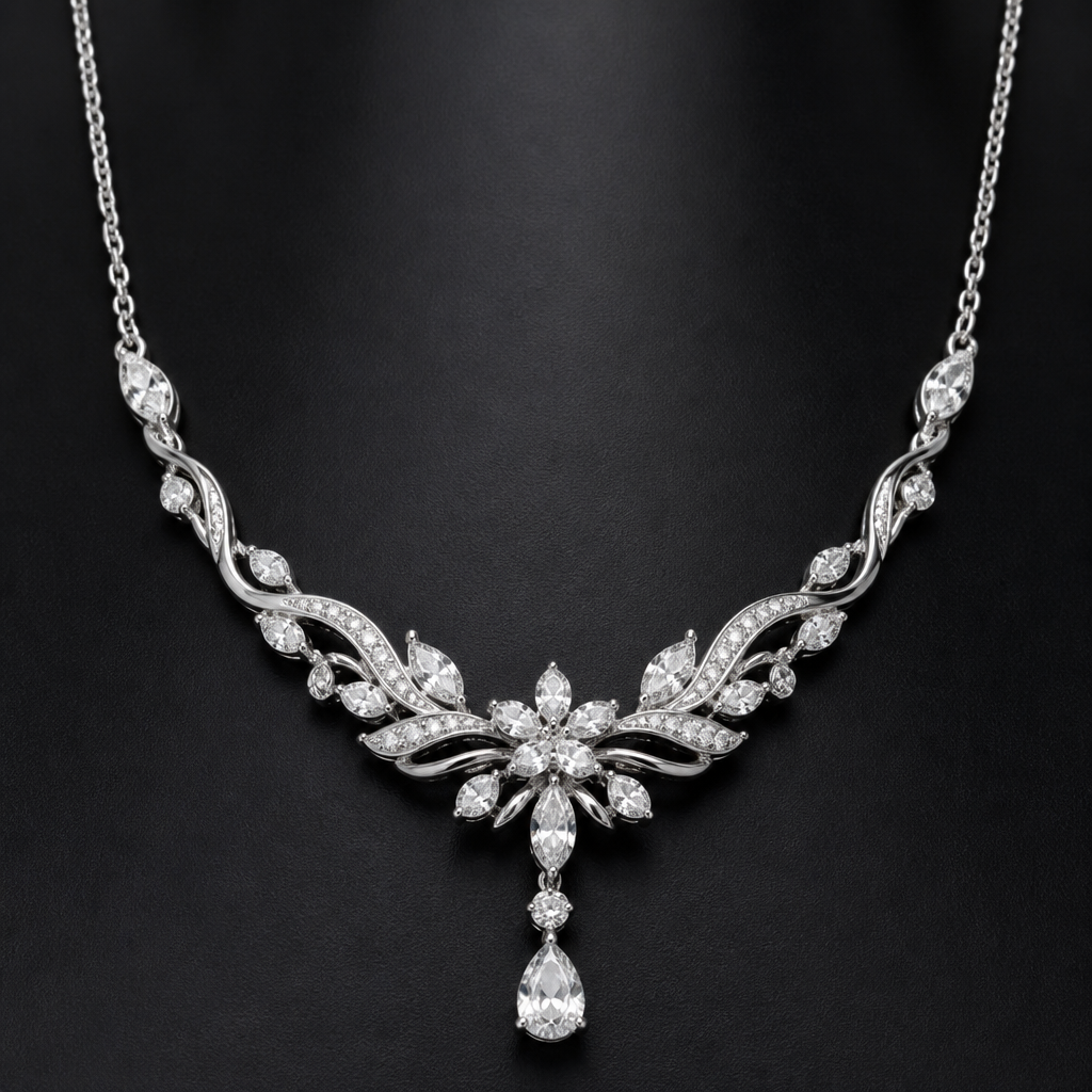A women's necklace made of silver with diamond stones, detailed and decorative, moderately ornate
photorealistic jewelry design, A women's necklace made of silver with diamond stones, detailed and decorative, moderately ornate, modern style, just the design no text