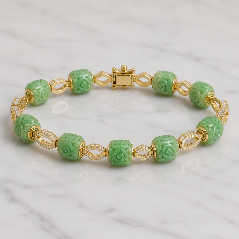 A geometric women's bracelet with diamond stones, detailed and decorative, moderately ornate. Create a 6-inch bracelet using the 12 beads shown in the attached picture. Each bead is 9.7 millimeters long.
using the attached image as a visual reference, create A geometric women's bracelet with diamond stones, detailed and decorative, moderately ornate. Create a 6-inch bracelet using the 12 beads shown in the attached picture. Each bead is 9.7 millimeters long.. photorealistic, just the design no text