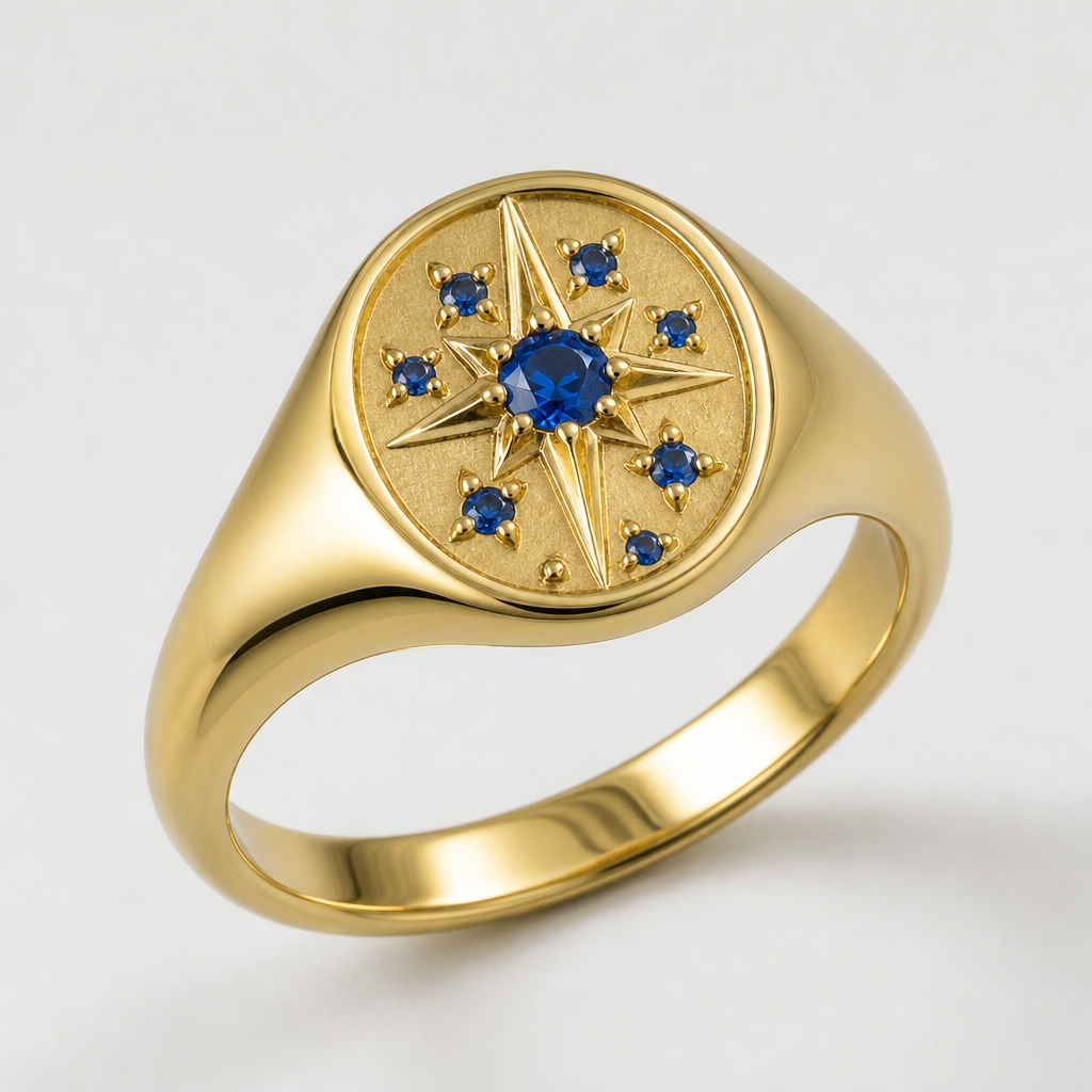 A signet women's ring made of gold with sapphire stones
photorealistic jewelry design, A signet women's ring made of gold with sapphire stones, signet style, just the design no text