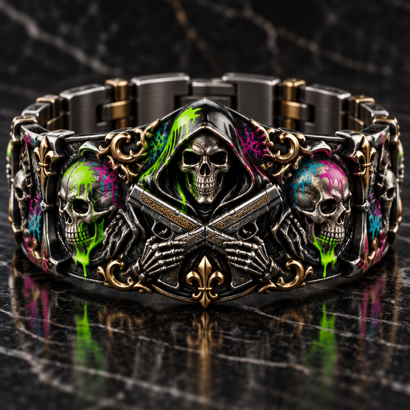 A gothic men's bracelet made of mixed metal suitable for formal. a reaper with skeletonswith neon graffiti around the skull and pistols crossing "the family " written in old english
using the attached image as a visual reference, create A gothic men's bracelet made of mixed metal suitable for formal. a reaper with skeletonswith neon graffiti around the skull and pistols crossing "the family " written in old english. photorealistic, just the design no text