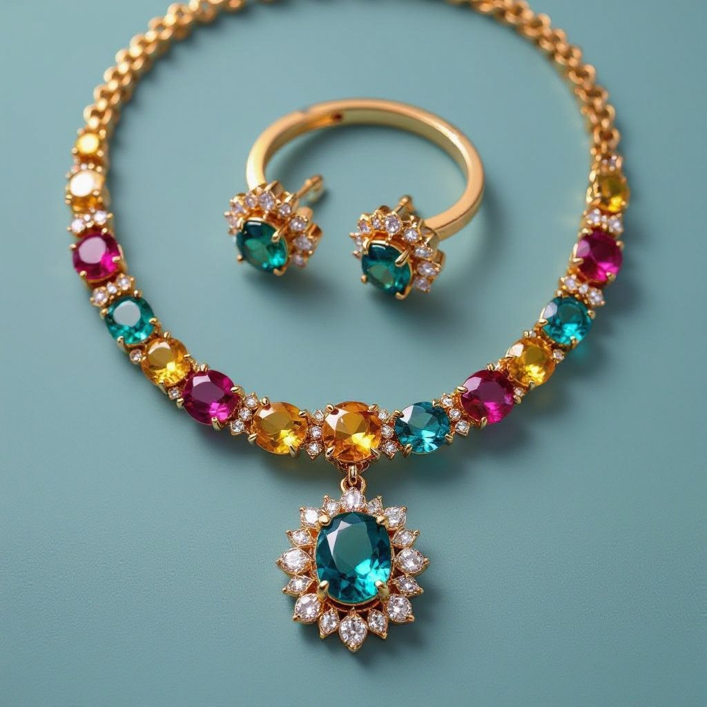 Necklace and ring and earring with luxury colorful jewel with gold