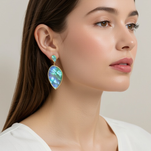 Серьги золотые в виде бирюзового с переливами крыла бабочки из перламутра 