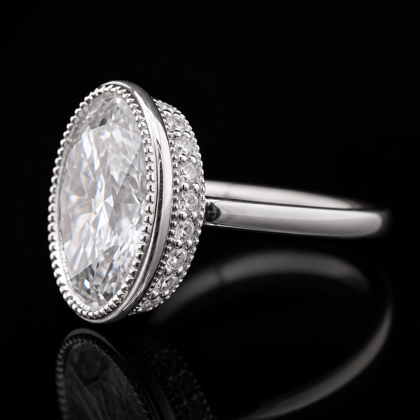 A women's ring. this is a side view of a a ring. focus on the milgrain bezel and halo, make it platinum
using the attached image as a visual reference, create A women's ring. this is a side view of a a ring. focus on the milgrain bezel and halo, make it platinum. photorealistic, just the design no text
