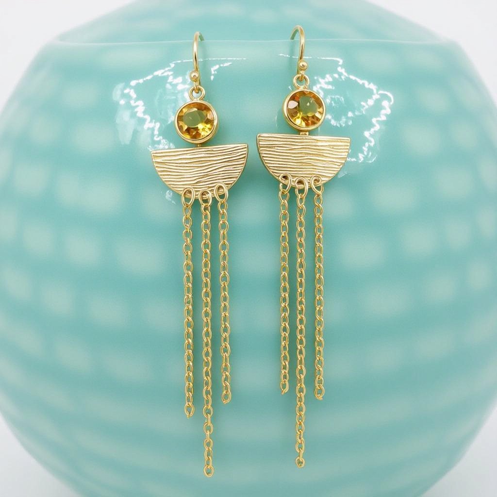 Золотые серьги словно мятое золото в форме узкого изящного полумесяца. Верхушка полумесяца крепится к застежке серьги.  От полумесяца идет три цепочки, у каждой на конце мелкий камушек цитрин
