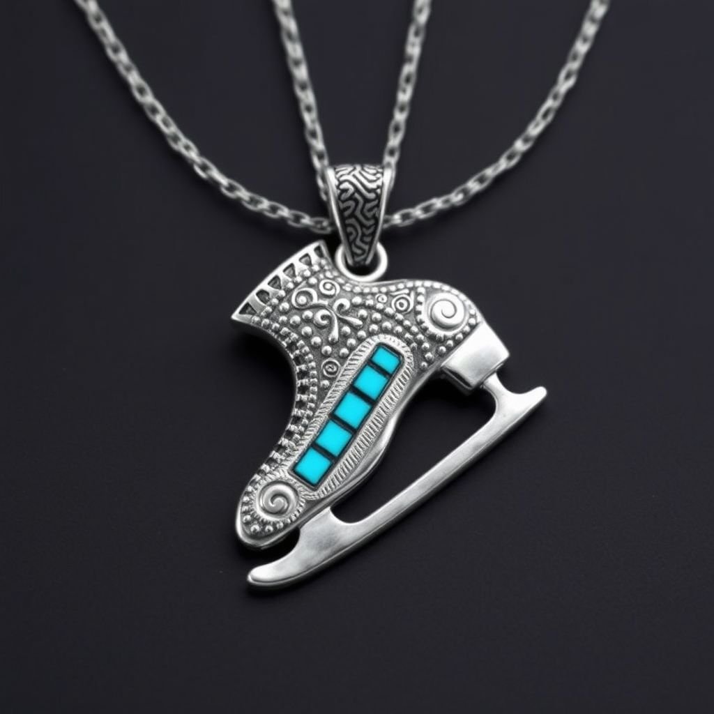 Silver pendant in the shape of ice skating blades with a turquoise stripe within the blade