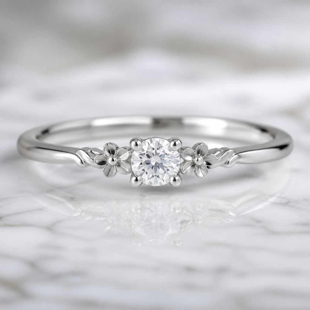 A solitaire women's ring made of silver with diamond stones. simple, 3mm diamond, little flowers on each side
photorealistic jewelry design, A solitaire women's ring made of silver with diamond stones. simple, 3mm diamond, little flowers on each side, solitaire style, just the design no text