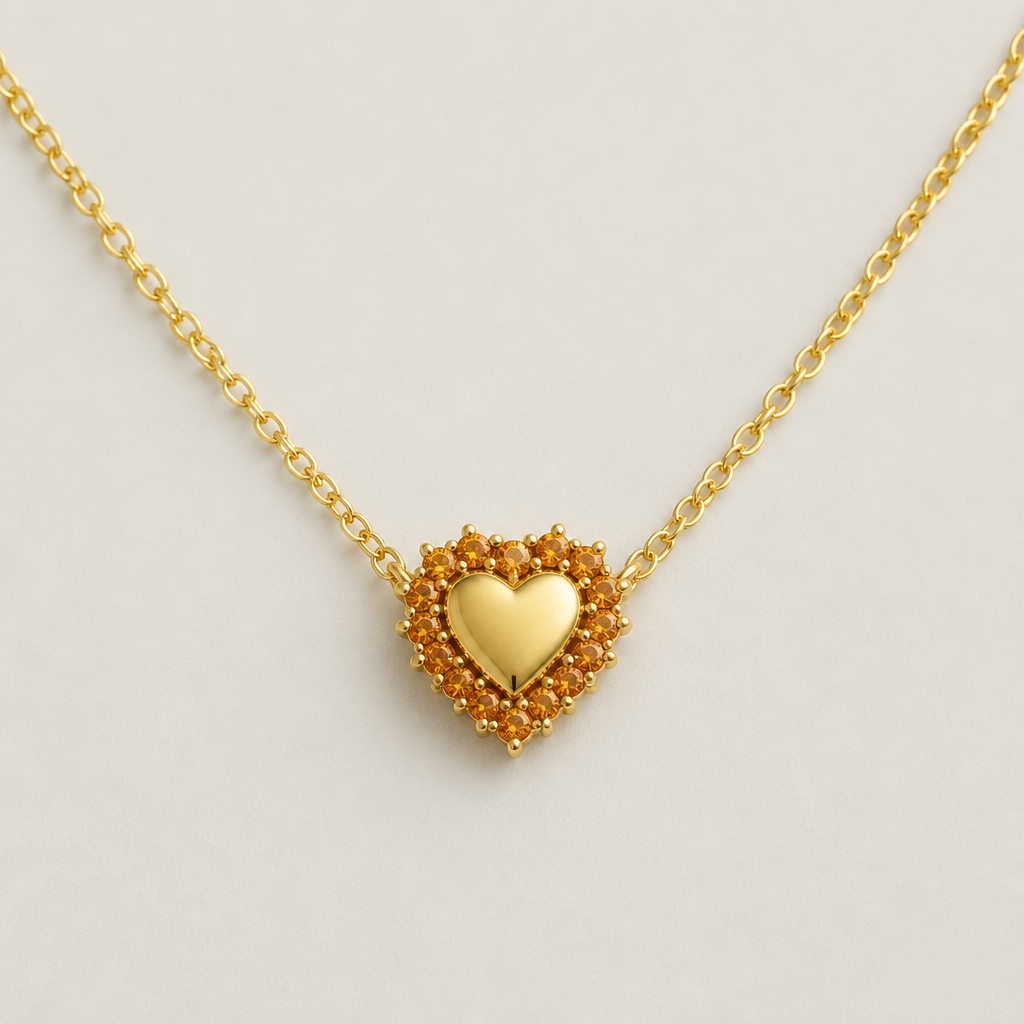 Create another little heart necklace made of solid gold surrounded by tiny amber stones
photorealistic jewelry design, Create another little heart necklace made of solid gold surrounded by tiny amber stones, just the design no text