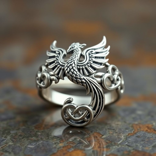 A silver segnit ring with a Celtic phoenix rising from the swirling flames and trinity knot on it 
