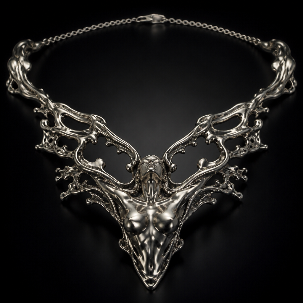 A sculptural women's ring, highly ornate, intricate and elaborate, richly detailed. Sculptural silver necklace inspired by the female clavicle, sternum and flowing water, an emerging female torso rising from a wave, high fashion jewelry, architectural anatomy, dark luxury aesthetic.
photorealistic jewelry design, A sculptural women's ring, highly ornate, intricate and elaborate, richly detailed. Sculptural silver necklace inspired by the female clavicle, sternum and flowing water, an emerging female torso rising from a wave, high fashion jewelry, architectural anatomy, dark luxury aesthetic., sculptural style, just the design no text