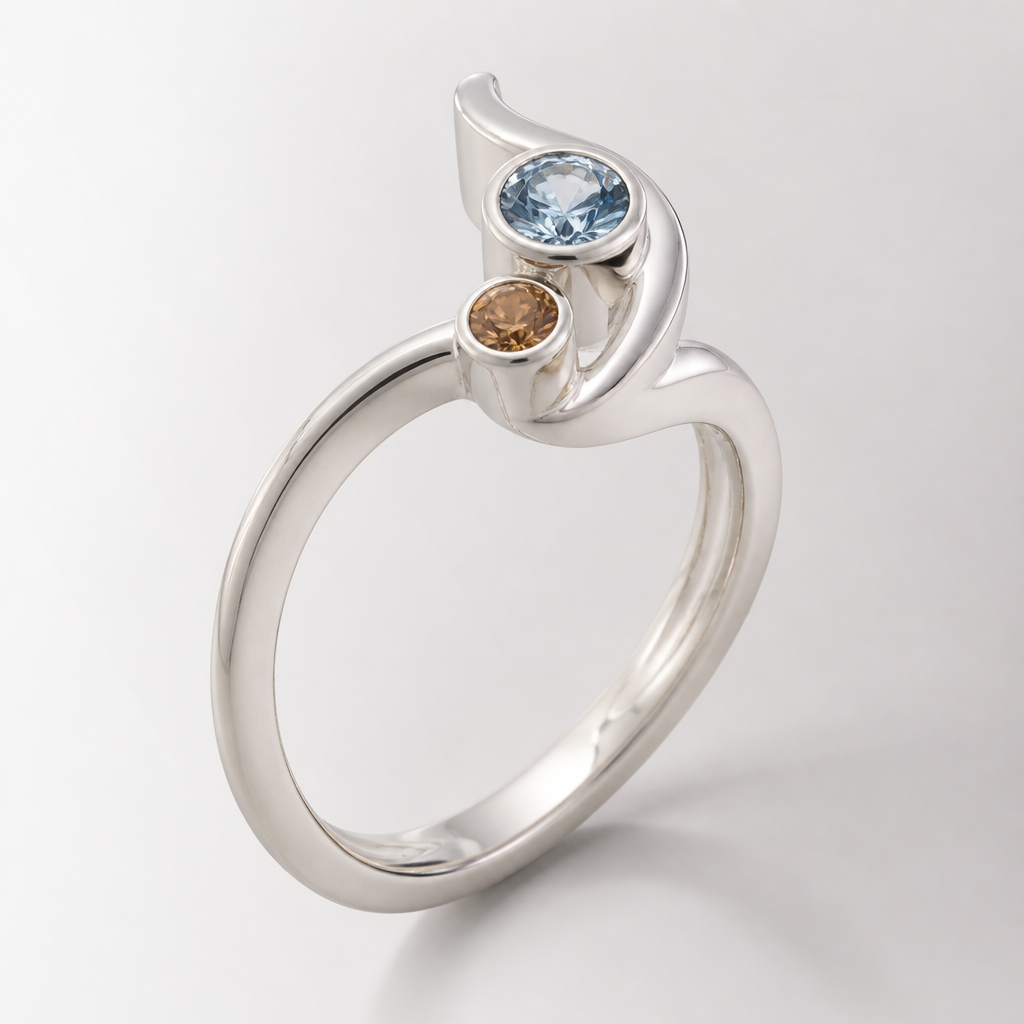 A women's ring made of white gold. изящное немного элегнтное кольцо из белого золото в немного необычной форме но есть место для внутреней гравировки и с двумя не большими драгоценными камнями, один голубого цвета а второй коричневого
photorealistic jewelry design, A women's ring made of white gold. изящное немного элегнтное кольцо из белого золото в немного необычной форме но есть место для внутреней гравировки и с двумя не большими драгоценными камнями, один голубого цвета а второй коричневого, modern style, just the design no text