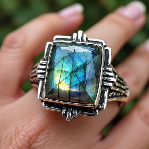 Labrodite square stone set in silver ring