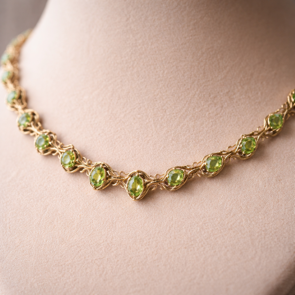 Very small Pear cut peridot tennis necklace with gold wire wrapped around it like a vine