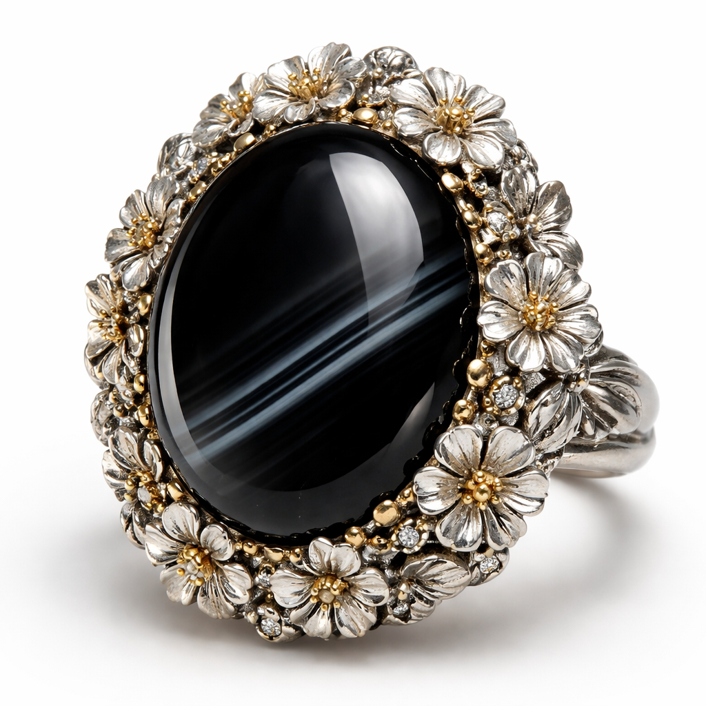 Black agate gemstone with flower bezel around it
