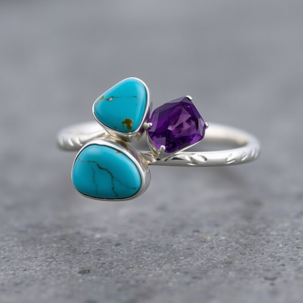 Design silver adjustable ring, use minimum silver, use 2 or 3 raw natural gemstones 