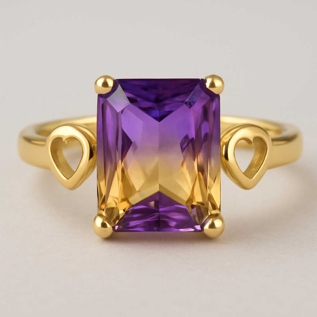 Gold ring with 10 carat ametrine stone with heart metal shape on the two sides
