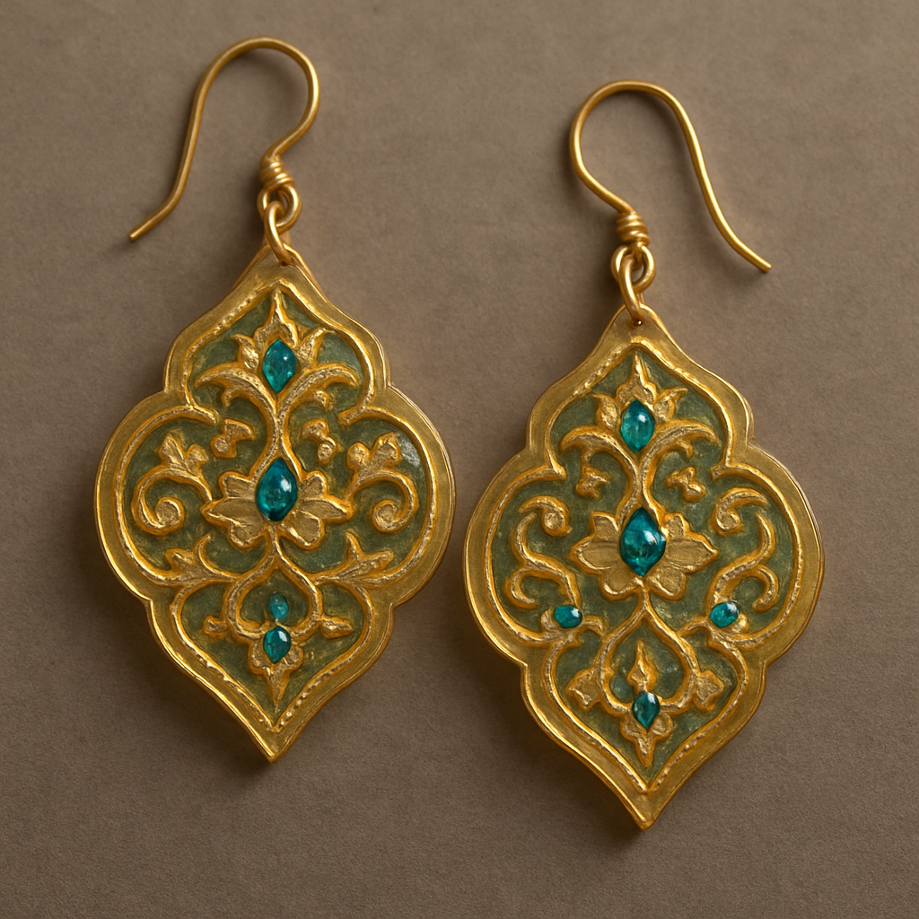“A pair of handcrafted resin earrings inspired by Persian Eslimi (Islamic arabesque) art, featuring elegant intertwined floral and curved motifs with intricate symmetry. The design should capture the beauty of traditional Iranian ornamentation, with translucent resin texture, embedded gold flakes, and turquoise or lapis accents. Artistic, detailed, symmetrical, realistic jewelry rendering, high-resolution, soft natural lighting, premium handmade aesthetic, Persian-inspired resin art style.”  Negative Prompt: “blurry, plastic-like, cartoonish, modern minimal, asymmetrical, low detail, metallic only, poor lighting”
