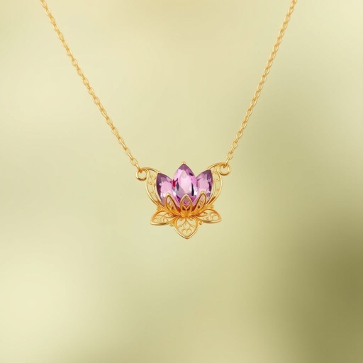 A everyday wear but delicate small gold necklace with a pink pendant color gemstone in a marquise cut. All the details are delicate and they rappresent the petals of the flower lotus.